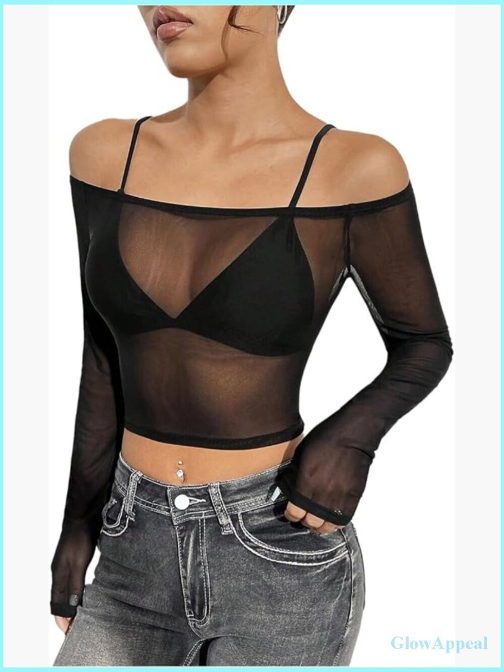 Off Shoulder Sheer Mesh Cropped Long Sleeve Slim Tee